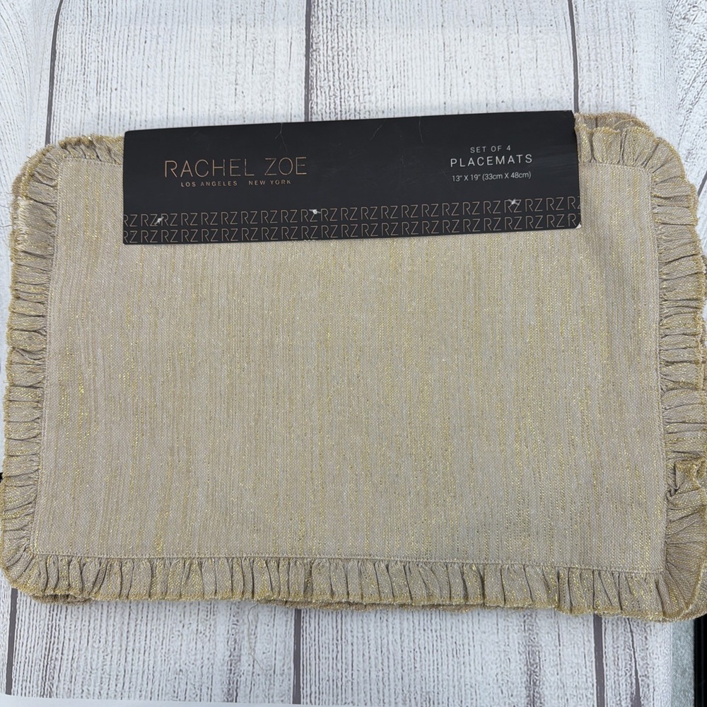 Rachel Zoe Placemats (Set of 4) Gold Metallic Ruffle Woven Jacquard Festive